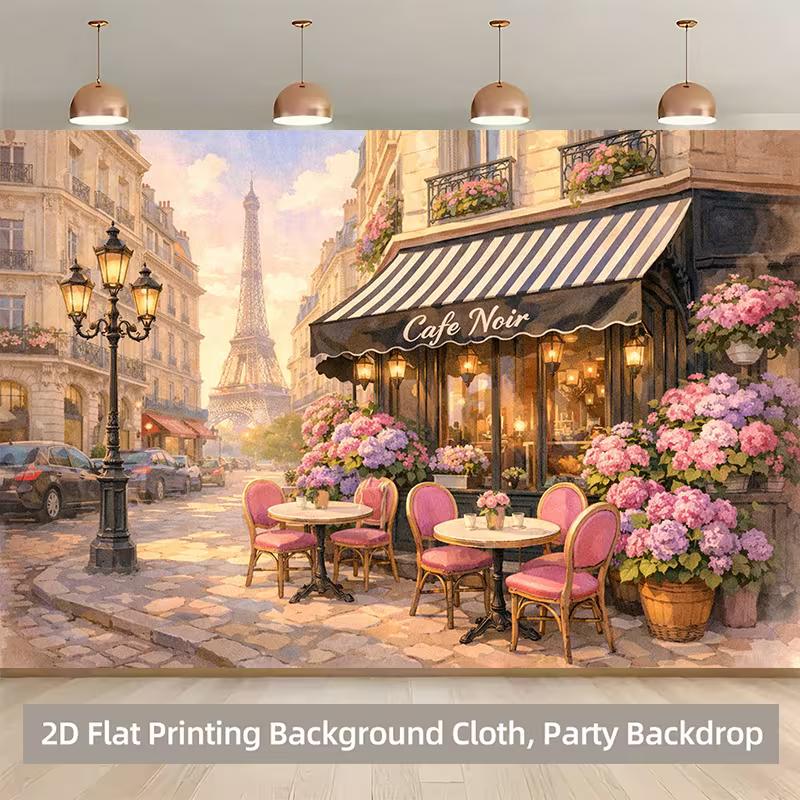 2D Eiffel Tower Street Backdrop, Parisian Cafe & Romantic Dinner Banner