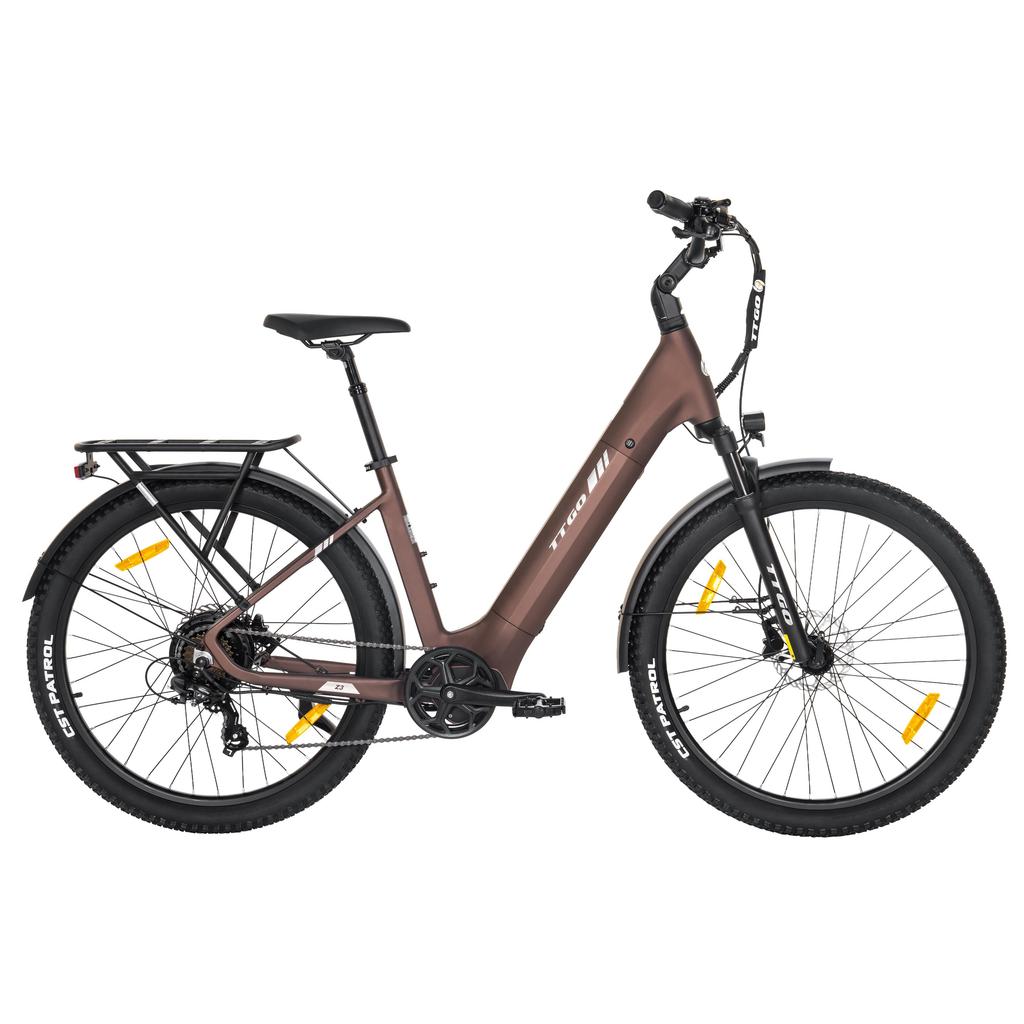 TTGO Z3: 48V15Ah charges overnight. 250W motor eco-friendly. 27.5" tires smooth. Tow seat for family
