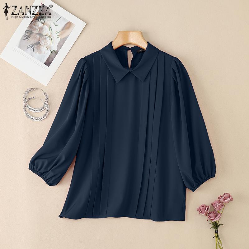 ZANZEA Women Summer Turn Down Collar Loose Casual 3/4 Sleeve Solid Blouse