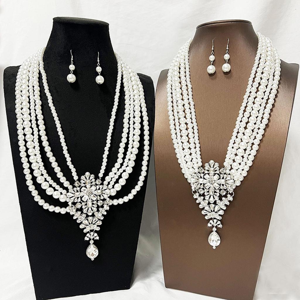 Sparkling Multi Layer Faux Pearls Necklace And Earrings Set With Crystal Accent For Evening Party Elegant Jewelry Gift