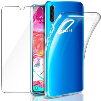 Case for Samsung Galaxy A70 - Transparent Silicone - Impact Protection - Tempered Glass Film - Flexible