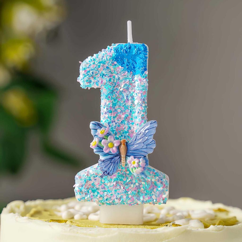 Blue Butterfly Love Flowers DIY Number Birthday Candles 0-9 - Cake Decoration