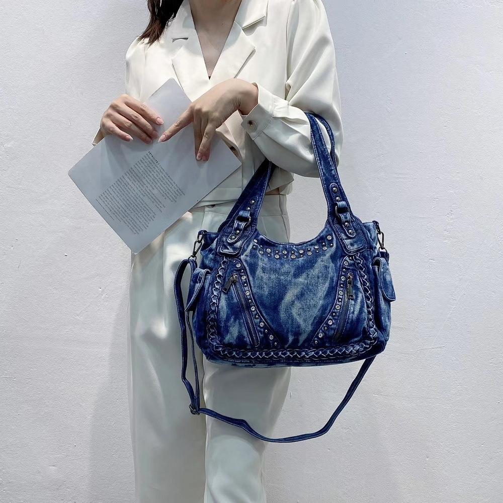 Bags Women'S Bags One Shoulder Oblique Span Handbags Large Capacity Casual Diamond-Encrusted Denim Bags