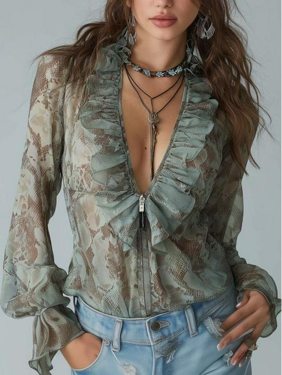 

Mist Sage Snake Print Ruffled Zipper Chiffon Shirt X-Small блакить