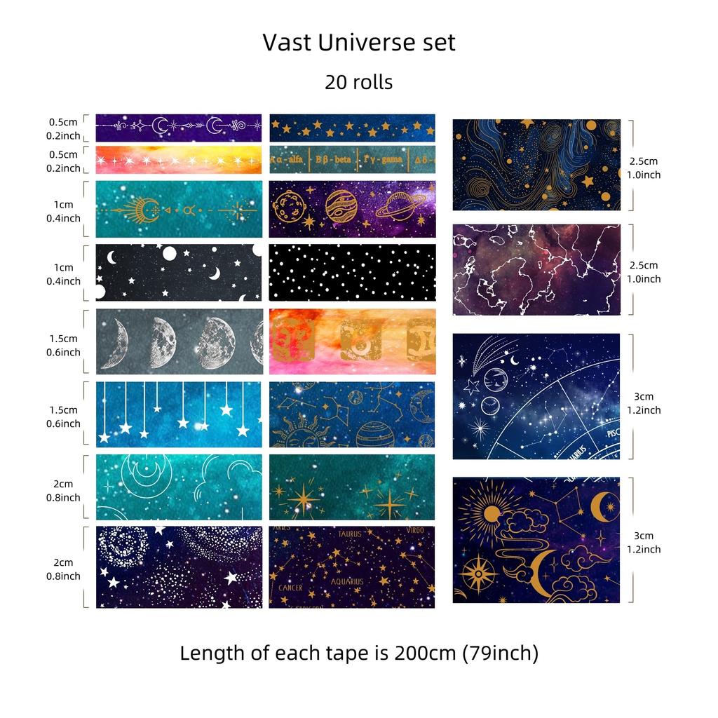 20 Rolls Vast Universe Washi Tape Set Galaxy Star Moon Gold Silver Stamping Adhesive Masking Tapes Decoration Stickers