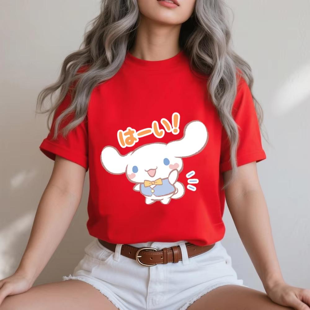 

2026 Summer Womens Cinnamoroll Energetic Reply Print Cotton T Shirt Casual Comfortable Top Summer Soft Breathable Daily Wear S