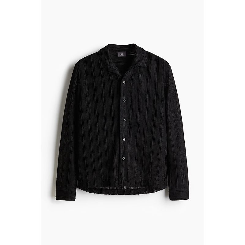 

HM Men s Cuban Collar Shirt Autumn Work Clothing Standard Edition Cut Out Knitting Long Sleeve Top Shirt 1251288