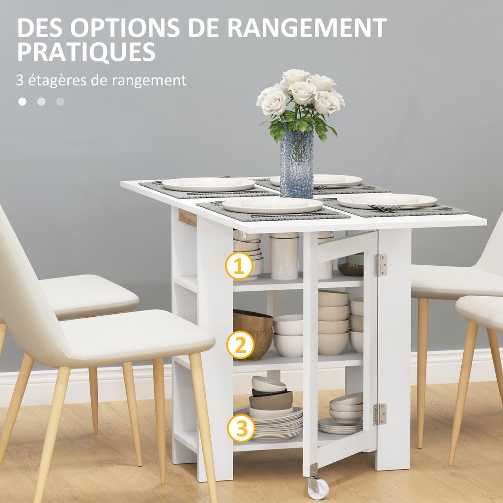 Kitchen table folding removable dining table 3 shelves 2 drop leaves modern design 120 x 60 x 75 cm white
