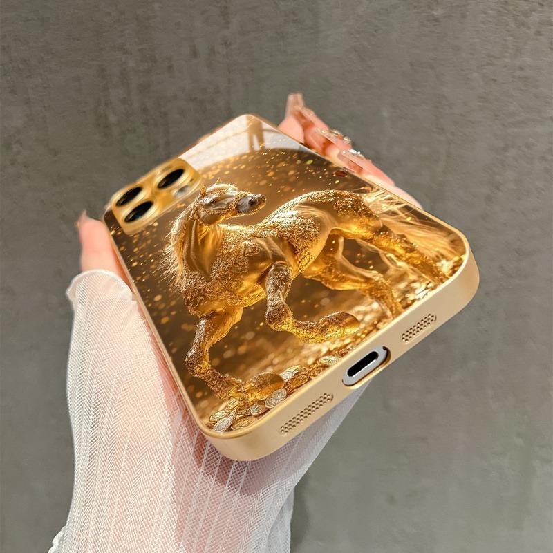 Fashion Golden Horse Pattern Gold Metallic Paint Glass Phone Case For iPhone 17 16 15 14 13 12 11 Pro Max Plus 17 Air 16E Cover