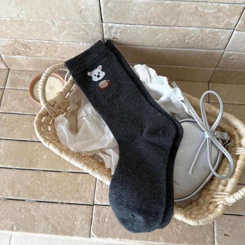 Female Autumn Versatile Cartoon Cute Puppy Embroidery Boneless Drum Pile Pile Cotton Socks