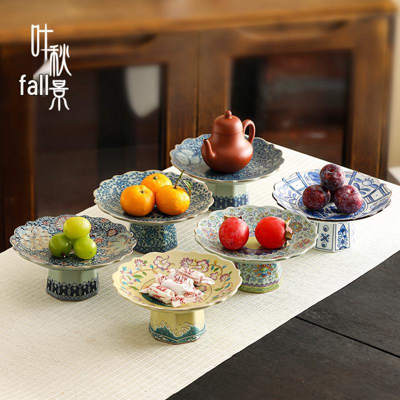 Chinese Ru Kiln Blue and White High-Footed Ceramic Plate for Fruit, Tea, Snacks, Pastries, and Living Room Decor