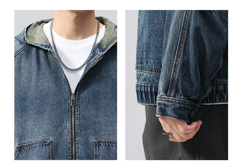 Men's Trendy Retro American Stand Collar Denim Jacket - Loose Fit, High-Quality, Solid Color for Spring and Autumn.