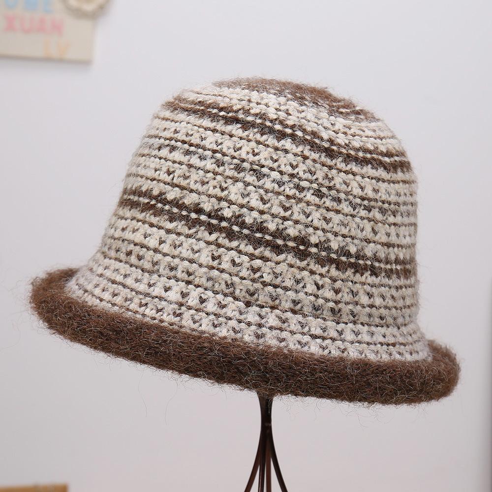 New Small Fresh Comfortable Warm Striped Knitted Comfortable Casual Bucket Hat Burr Edge Casual Warm Small Brim Basin Hat