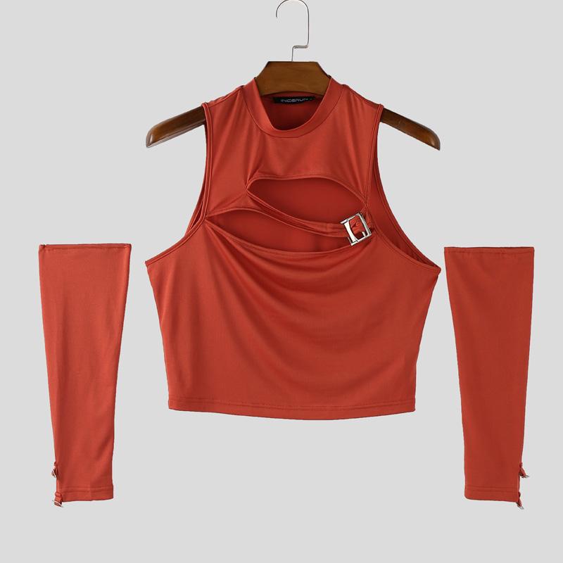 INCERUN Men Mockneck Sleeveless Cutout Casual Fitted Crop Tank Tops with Oversleeve