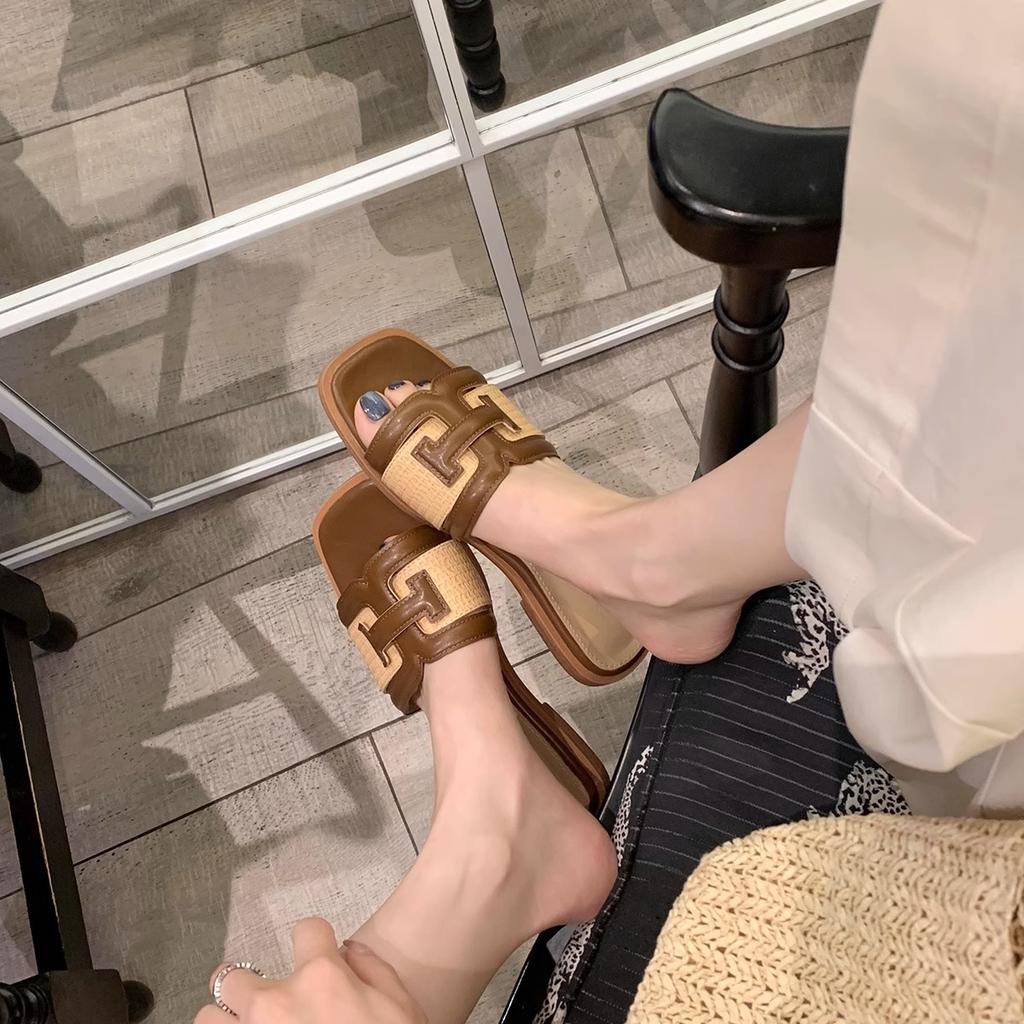 Sheepskin holiday style square head straw splicing versatile contrasting sandals women's summer outer slippers