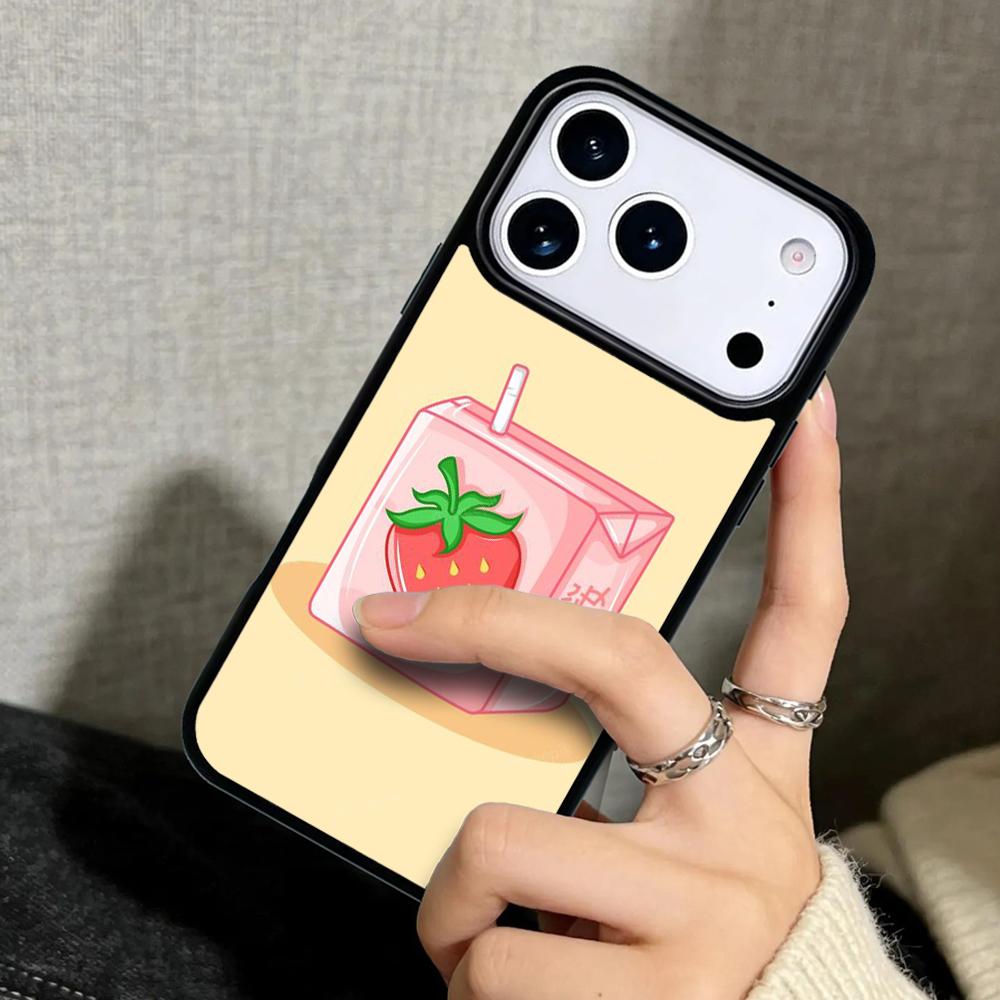 Capa Case for iPhone 17 Air 16 Pro Max 15 Plus 11 13 Mini 14 12 Back Phone Cover Kawaii Strawberry Milk