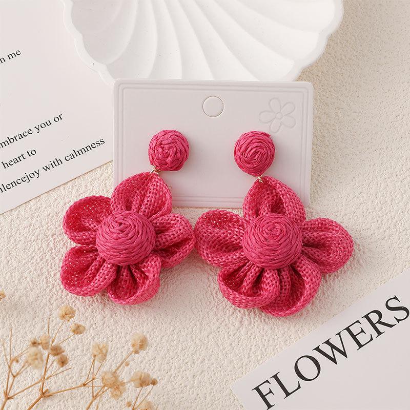 Five-Petal Flower Earrings, High-End Hand-Woven Raffia Earrings, Fashion Vacation Style.