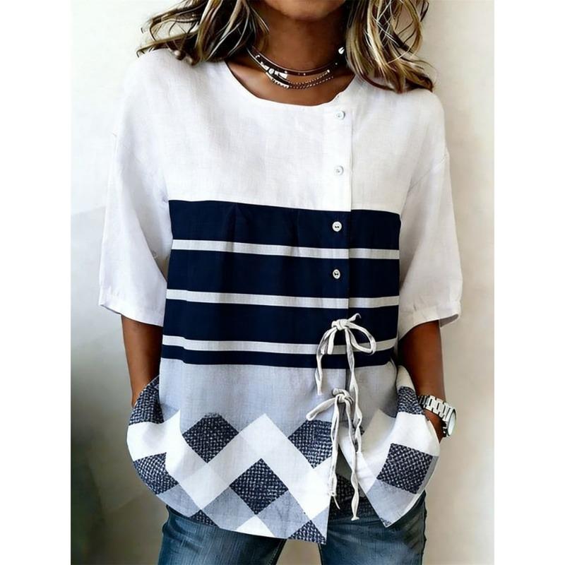 Women's Geometric Striped Print Casual Blouse, Button Tie Front Loose Top with Pockets for Spring Summer Daily Wear