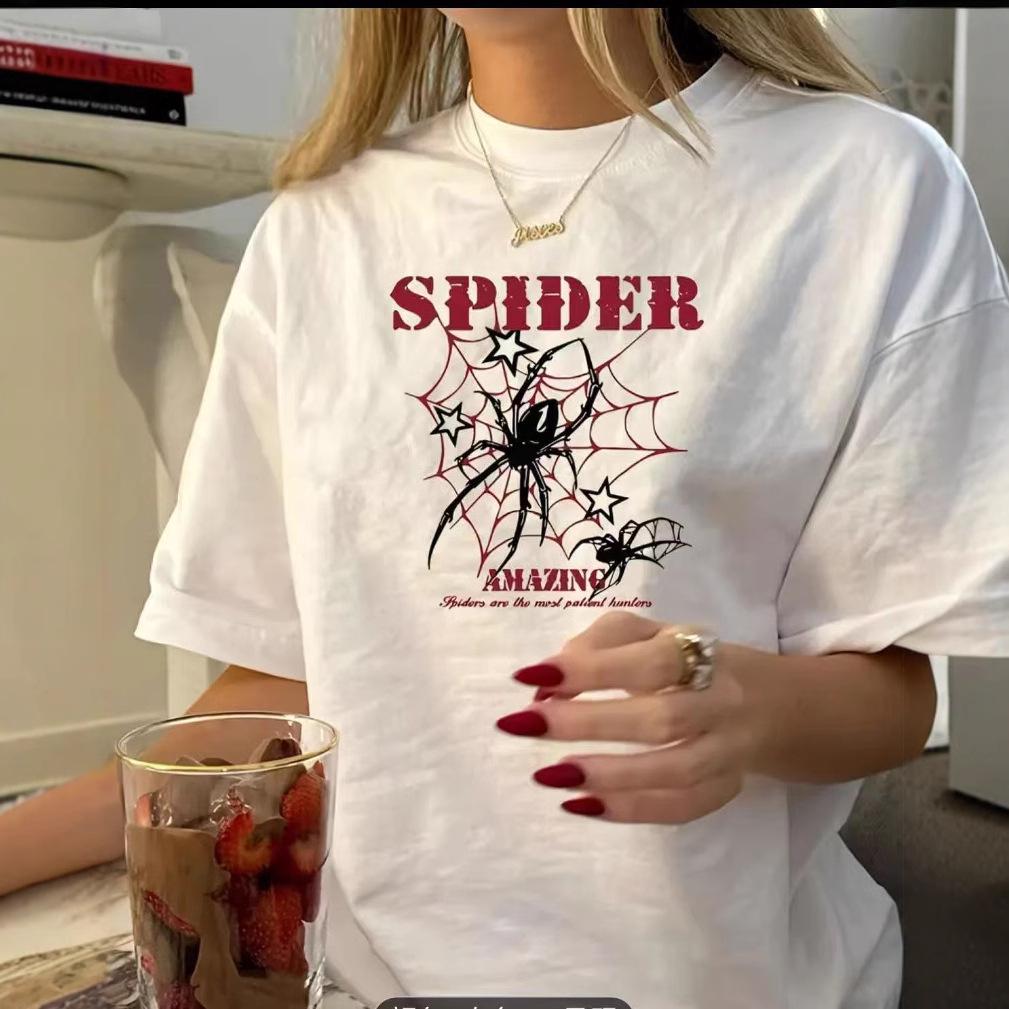 T-shirt Rotonda in Cotone con Stampa di Ragni Vintage