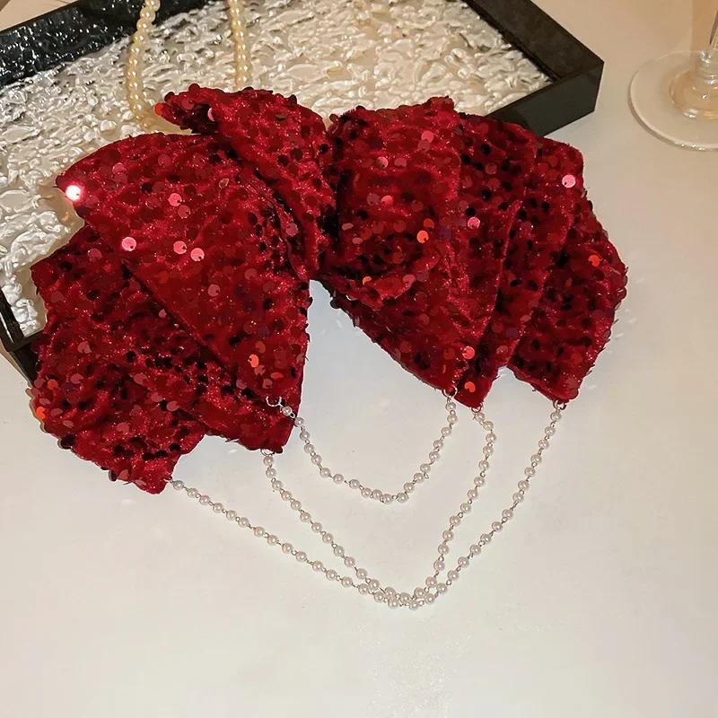Retro Velvet Sequin Bow Hair Clips Tassel Spring Clip Fashion Pearl Hairpins Headpiece Korean Hair Accessories for Womeni-Remiel
