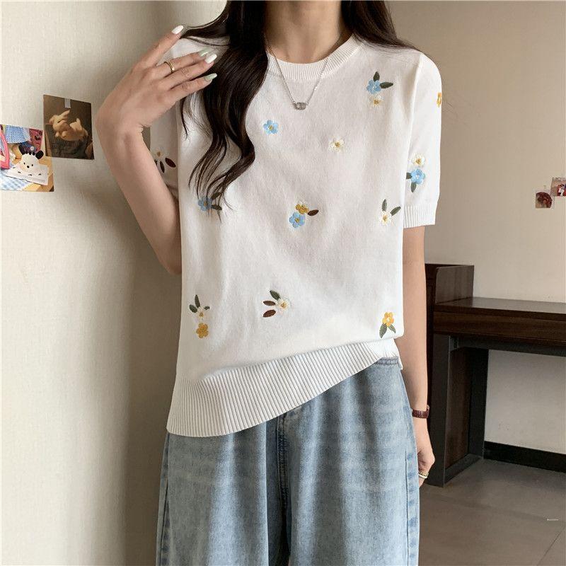 Ice Silk Slimming Temperament Top Women's Design Sense Knitted Shirt Summer Shoulder Short Sleeved T-shirt