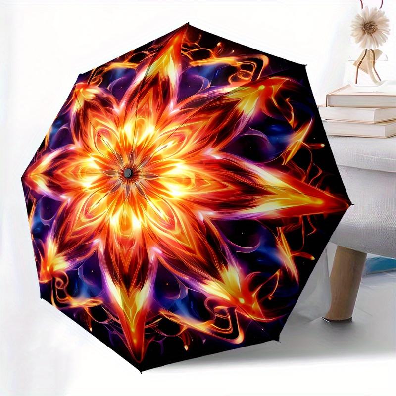 Flame Mandala Automatic folding umbrella simple eight rib design, bright color pattern, durable iron frame, ideal for travel and outdoor, b