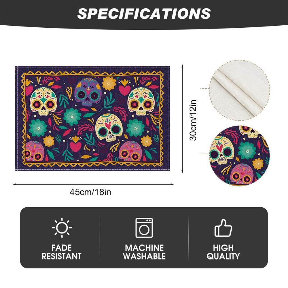 

Halloween Table Placemats Chrysanthemum Skull Kitchen Table Mats Seasonal Table Mats 4pcs Kitchen Halloween Decoration Table 45x30cm
