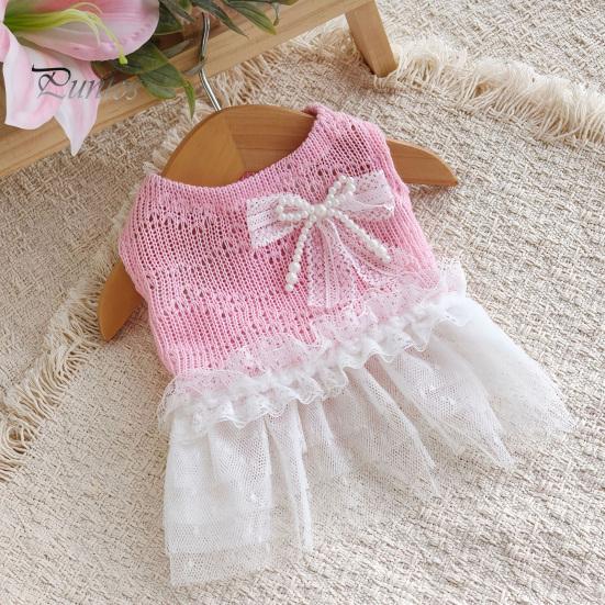 Breathable Dog Clothing Knitted Sleeveless Dress, White Tutu Puppy Princess Cute Girl Dress Pet for Summer with Lace Faux Pearl Bow, Female Small Dogs