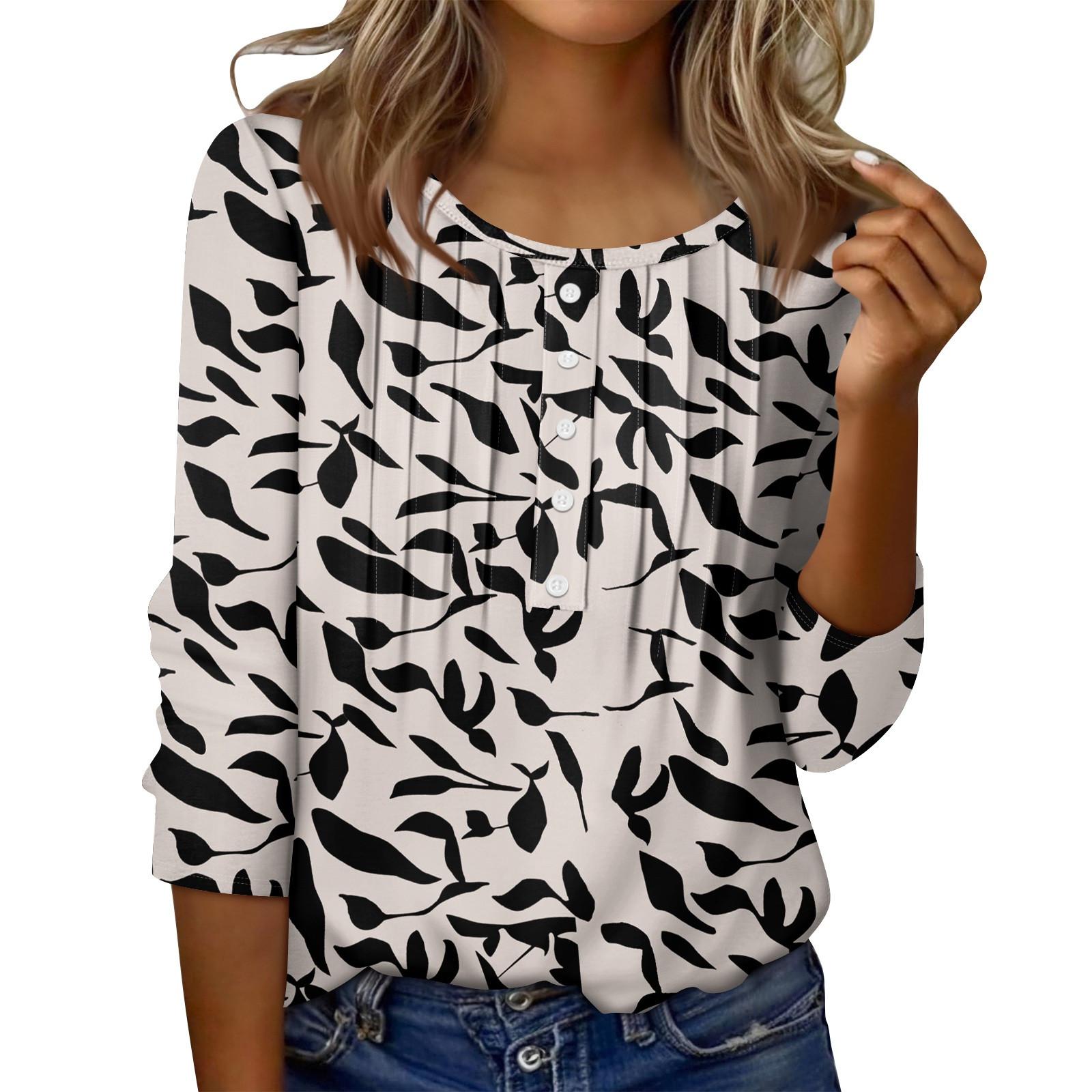 

Женский топ с круглым вырезом, декоративными пуговицами и полосками, повседневная футболка однотонного цвета с рукавом 3/4 S хаки