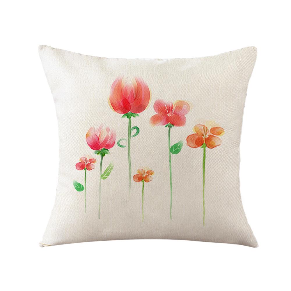 Pillow Linen Printed Pillow Cover Ins Plant Watercolor Printed Pillow Home Decoration Festival Fabric Cushion Bedside Backrest