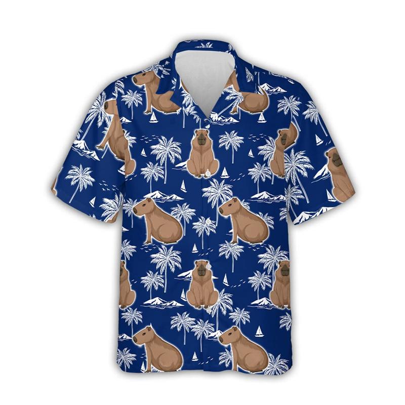 2024 Kawaii Capybara Graphic Shirts For Men Clothing 3D Print Hawaiian Beach Shirt Short Sleeve Y2k Cute Kids Tops Lapel Blouse