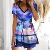 Summer Fashion Women's V Neck Short Sleeve Dazzling Fluid Printed  Dress Sex Short Skirt Dresses