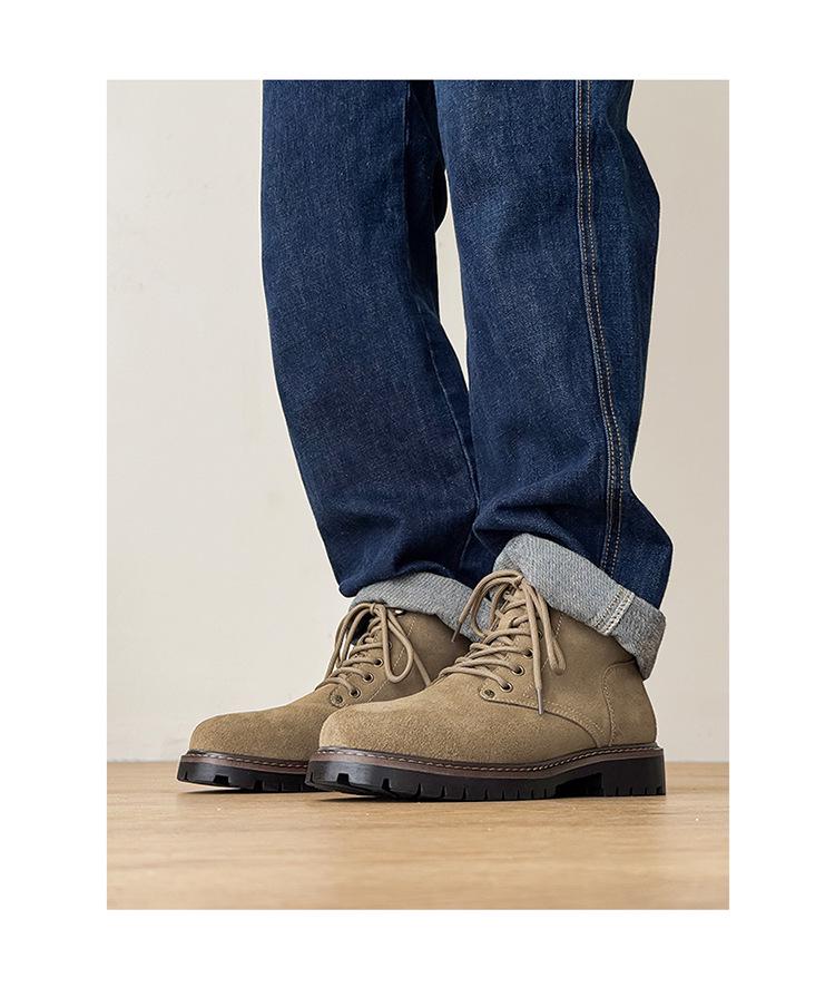 2025 Men's Autumn/Winter Yellow Martin Boots, Cow Suede, Breathable, Versatile, Round Toe, Comfortable Mid-Top Style