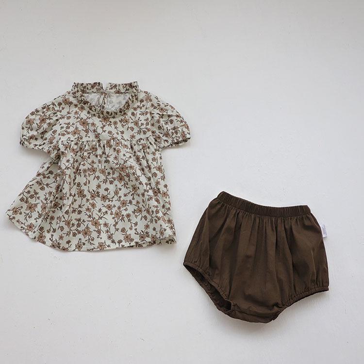 Girls' Summer Linen Cotton Floral Doll Shirt & Shorts Set