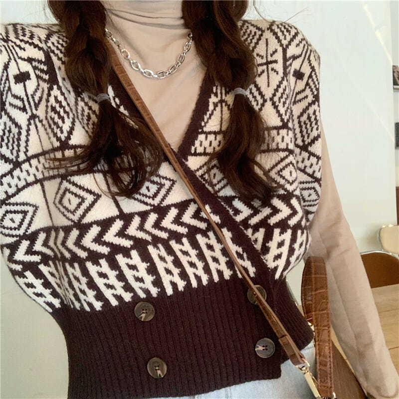 Vintage V-neck Vest Sweater Cardigan Outerwear Women Sweater Autumn 2023 Casual Loose Short Outerwear Sweater Vest Female Top