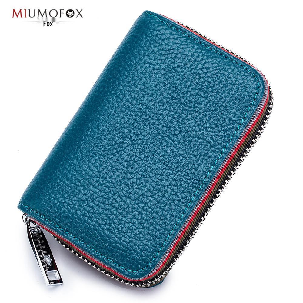 Fashionable RFID Accordion Cowhide Card Holder with Zipper for Ladies and Men