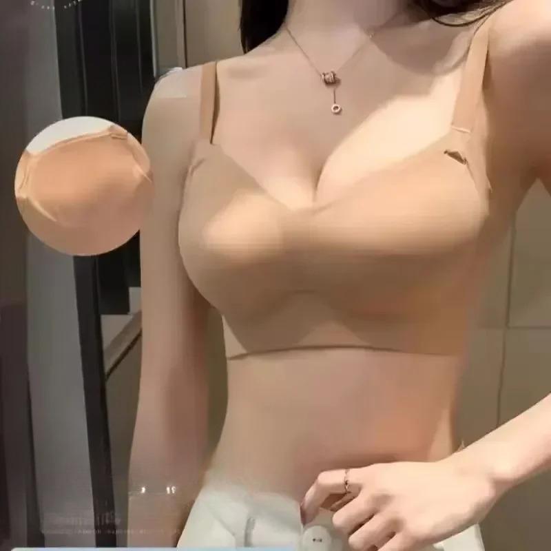 

Thickened Steamed Bun Fixed Cup Integrated External Expansion Underwear Women s Flat Chest Small Chest Gathered Big Bra Bras S хаки