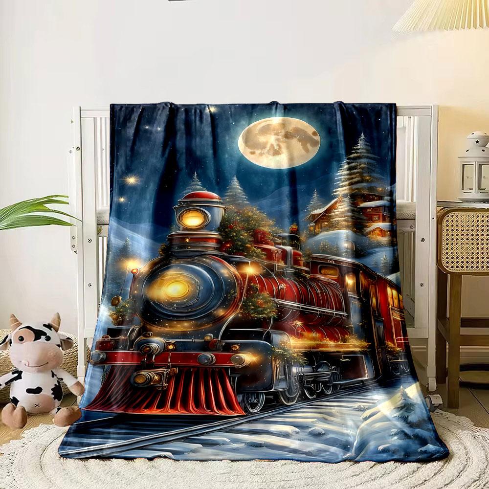 Christmas Train Snowy Night Blanket Bedroom Blanket for Livingroom Couch Lunch Break Soft Throw for Friend's Festival Gift
