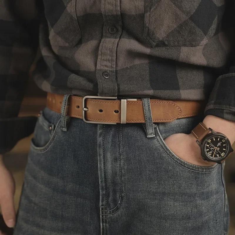 Cinto Masculino Retro de Couro de Vaca com Fivela de Pino – Cinto Casual Versátil para Jeans para Estilo Jovem e na Moda