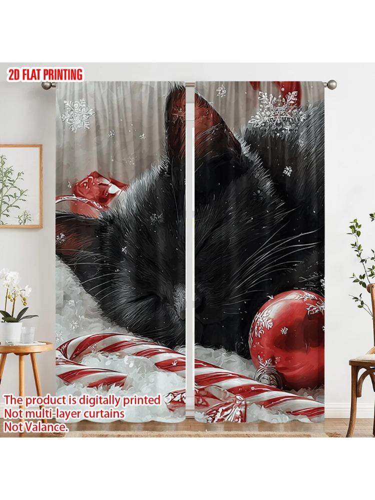 2pcs, plane printing Pattern Curtains Charming Black Kitten Versatile 100% Polyester (without rod) Decorations Inside for