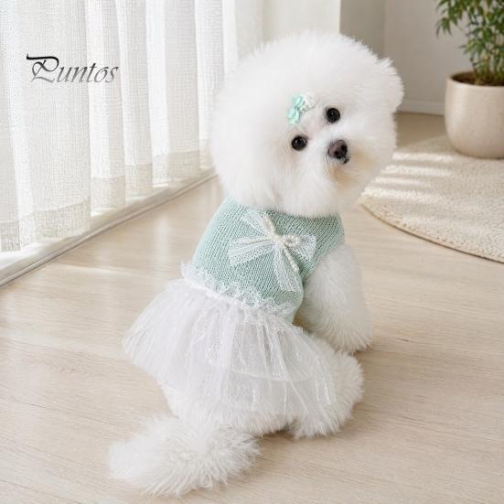 Breathable Dog Clothing Knitted Sleeveless Dress, White Tutu Puppy Princess Cute Girl Dress Pet for Summer with Lace Faux Pearl Bow, Female Small Dogs