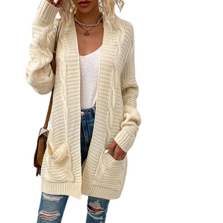 Autumn and winter loose casual twist knitted cardigan European and American pocket medium and long sweater jacket