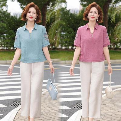 2026 Summer Cotton Linen Shirt & Pants Set for Middle-aged Women – Chinese Style, Short Sleeve T-shirt