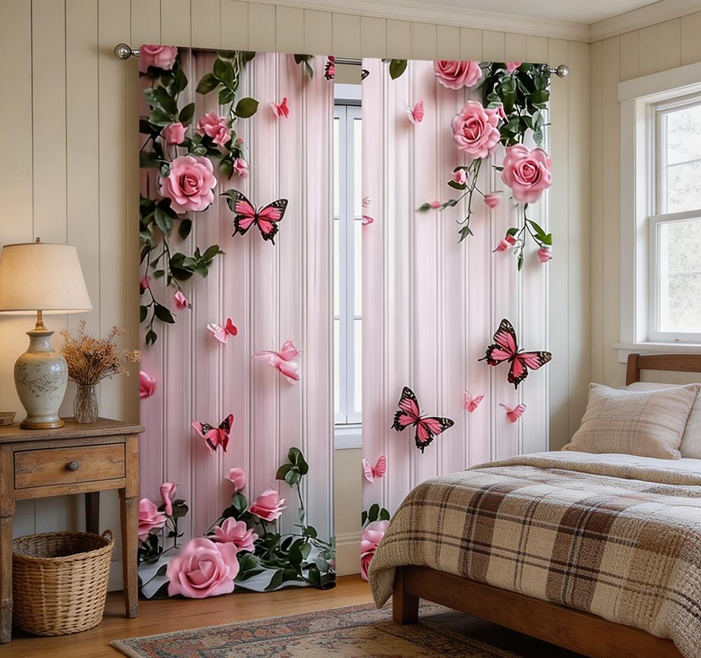 2PCS Pink Rose Butterfly Botanical Print Curtains Rod Pocket Window Drapes for Living Room Bedroom Decor