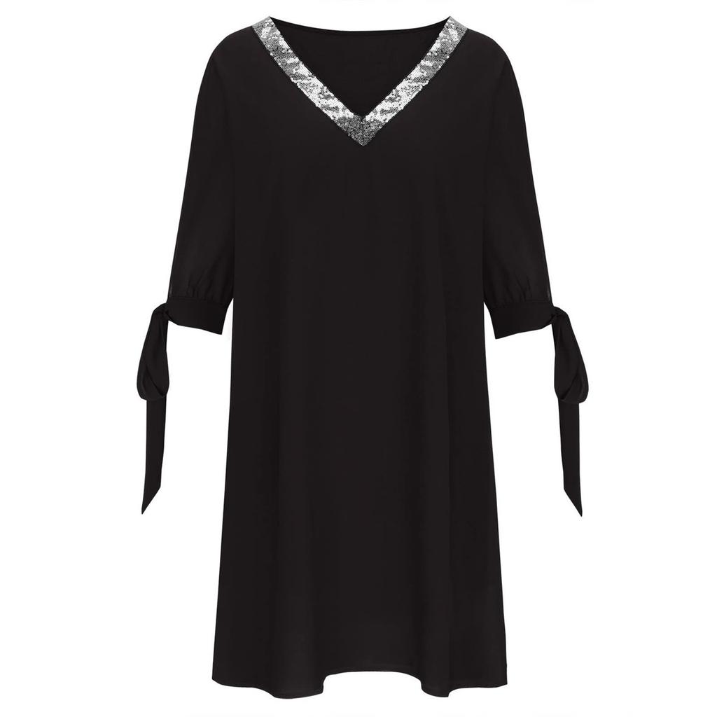 Tooxika Big Size Strapless Dress V-neck Sequin Splicing Solid Colour Tie Chiffon Straight Skirt