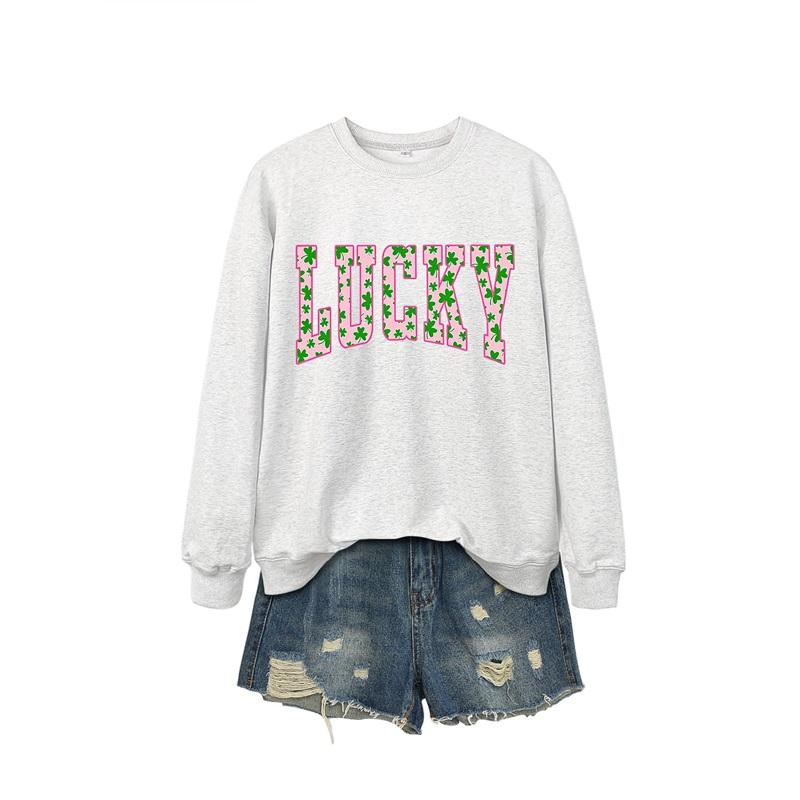 

Women s Lucky Clover Print Sweatshirt Crew Neck Loose Casual Pullover St Patrick s Day Inspired Top L серый ясень