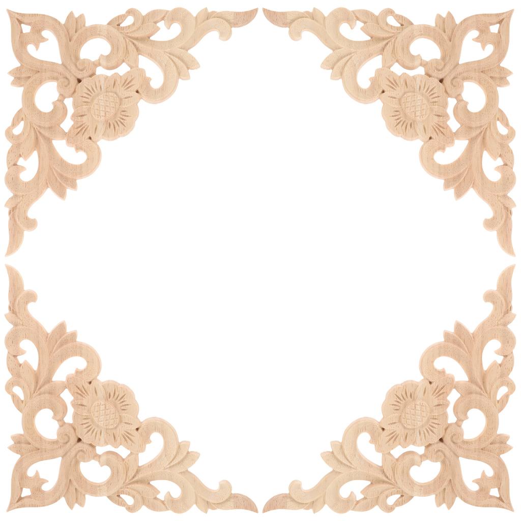 4Pcs Carved Wood Onlays Flower Design Solid Wood Applique Decorative Trim for Furniture Molding Corner Elegance Upgrade