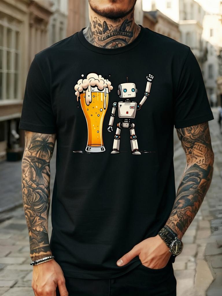 Humorous Robot Loves Beer Graphic Summer Fashion TShirt Unisex WoUnisex Casual Loose Summer Drinking Streetwear Tee
