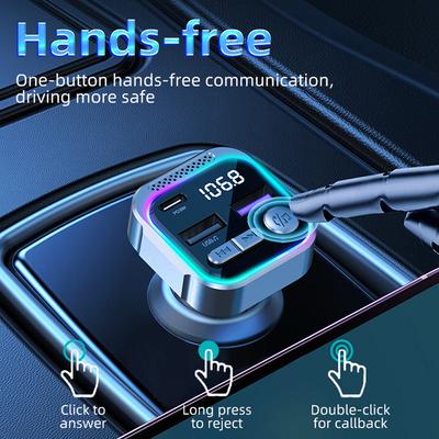 Car Bluetooth 5.3 FM Transmitter PD 30W Type-C Dual USB Fast Charger Adapter Radio Modulator MP3 Player Colorful Ambient Light