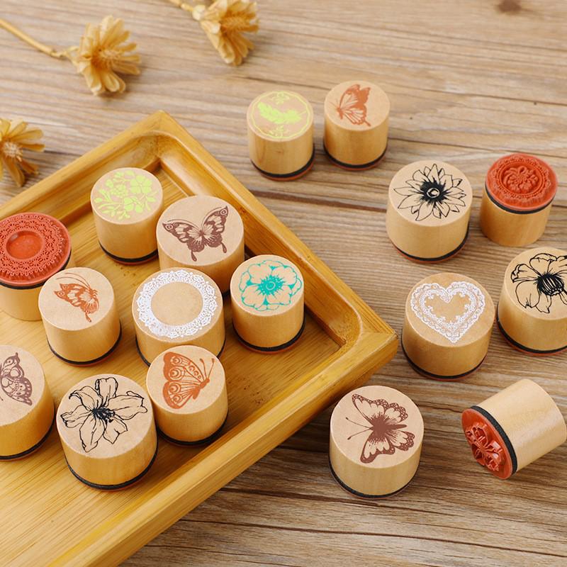 Creative Wooden Journal Stamp Set - Handmade DIY Round Lace Edge Butterfly Design